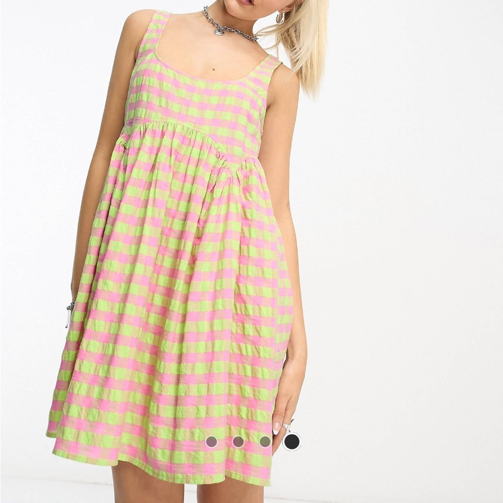 Square neck green and pink gingham cotton dress